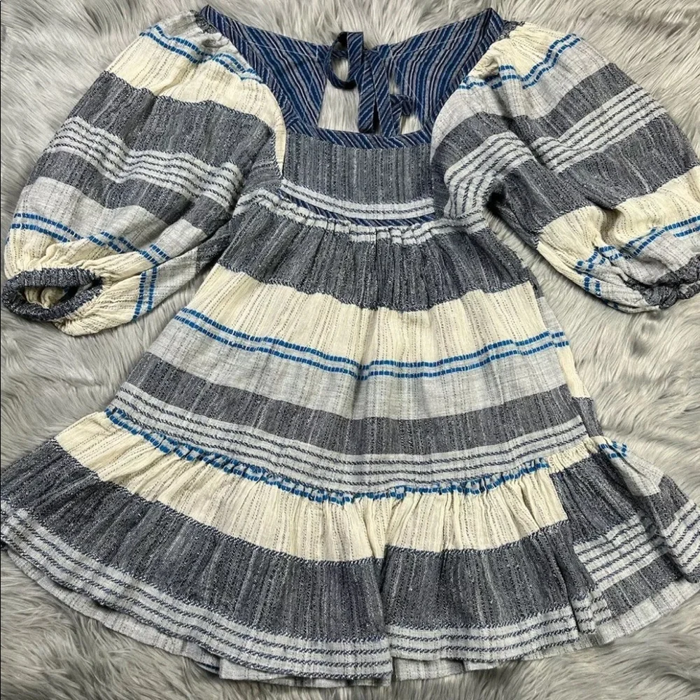 Free People All Lined Up Blue Multi Striped Puff Sleeve Mini Dress XS